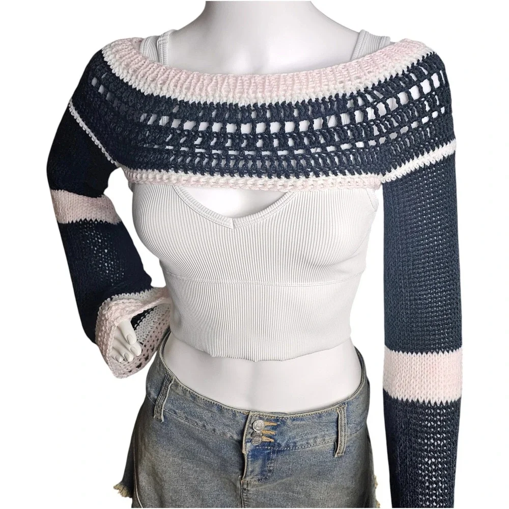 Handmade Crochet Bolero Shrug Women, Black Pink Knit Flared Sleeve, Festival Top